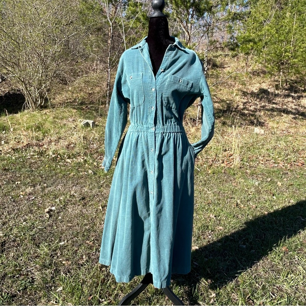 1980s blue courderoy button front long sleeve shirt dress